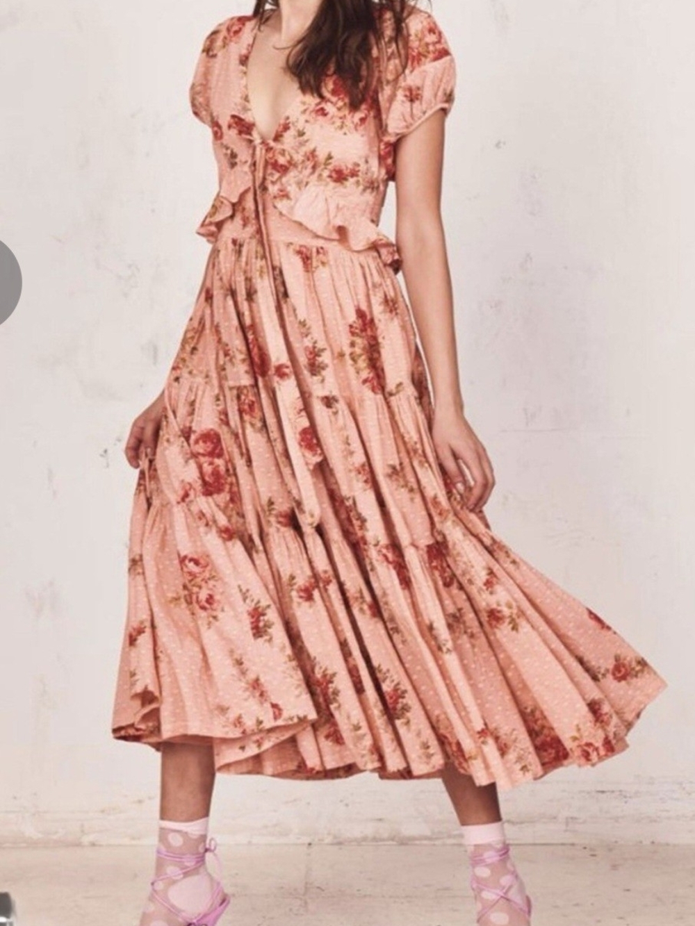 LOVESHACKFANCY Floral Ruffles Tie-Front Midi Dress in Blush Pink Lemonade